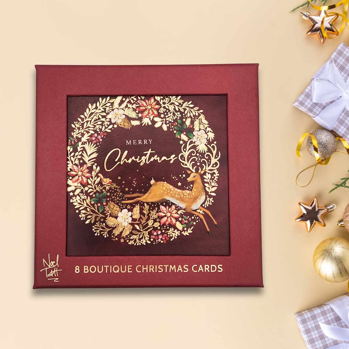8 x Christmas Cards In Box - Deer Wreath