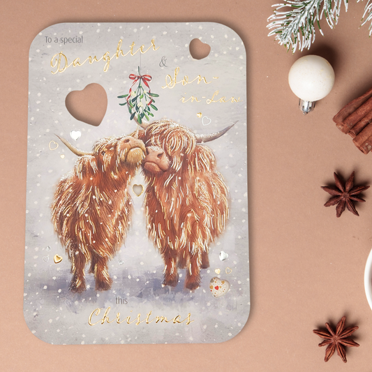 Daughter & Son-In-Law Christmas Card - Snowy Highland Cows
