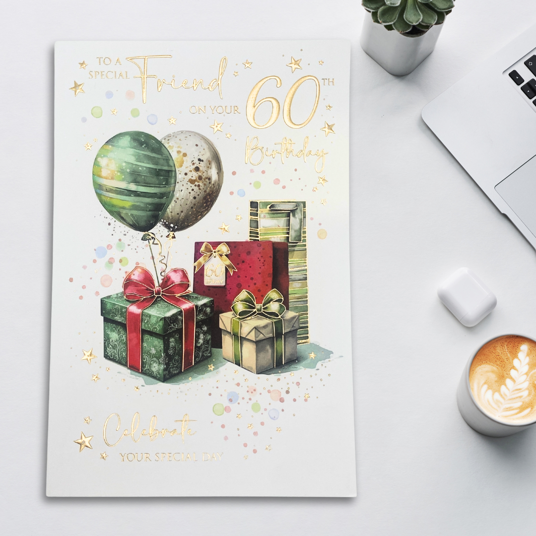 Friend 60th Birthday Card - Balloons & Gifts