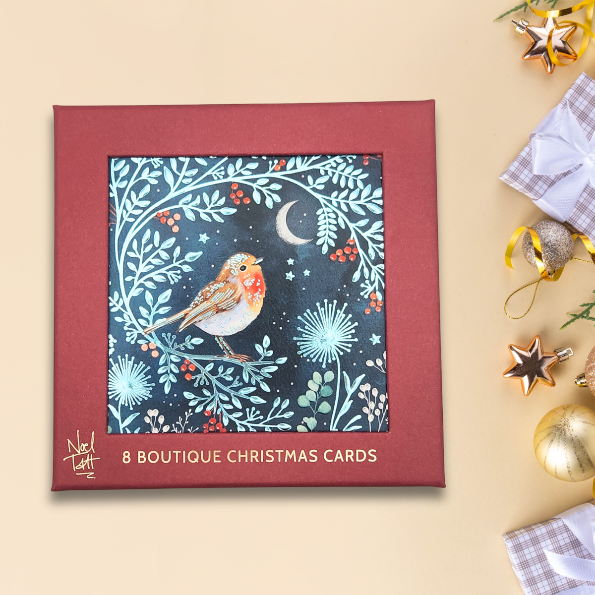 8 x Christmas Cards In Box - Robin & Moon