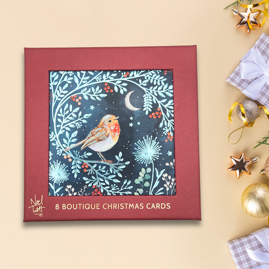 8 x Christmas Cards In Box - Robin & Moon