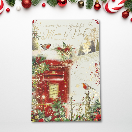 Mum & Dad Christmas Card - Grace Postbox & Robins