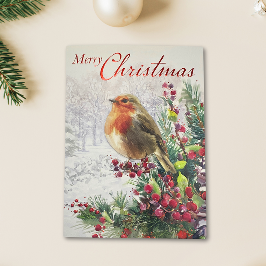 Open Christmas Card - Decoupage Robin & Berries