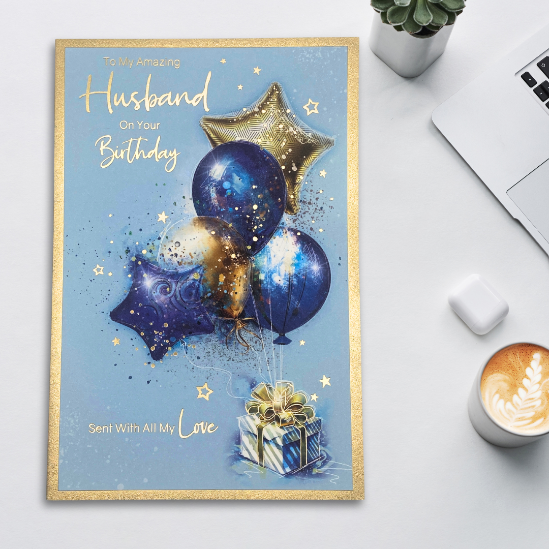Husband Birthday Card - Balloon & Gifts