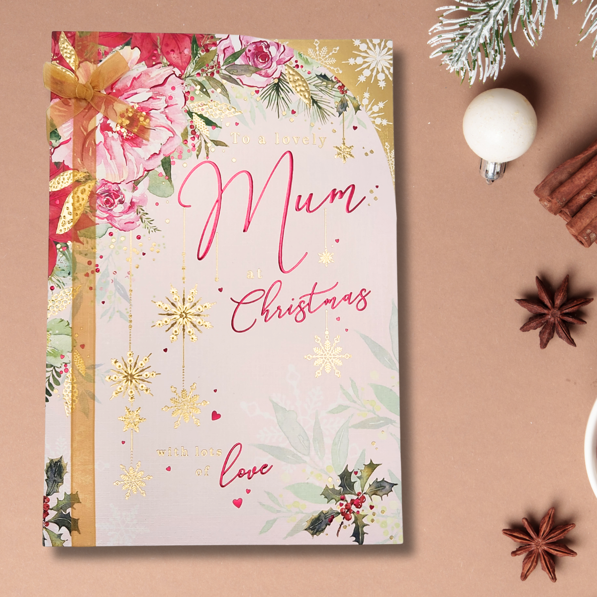 Mum Christmas Card - Floral Border & Ribbon