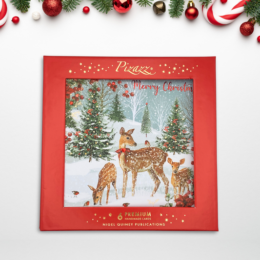 6 x Christmas Cards In Box - Pizazz Deer In Snow