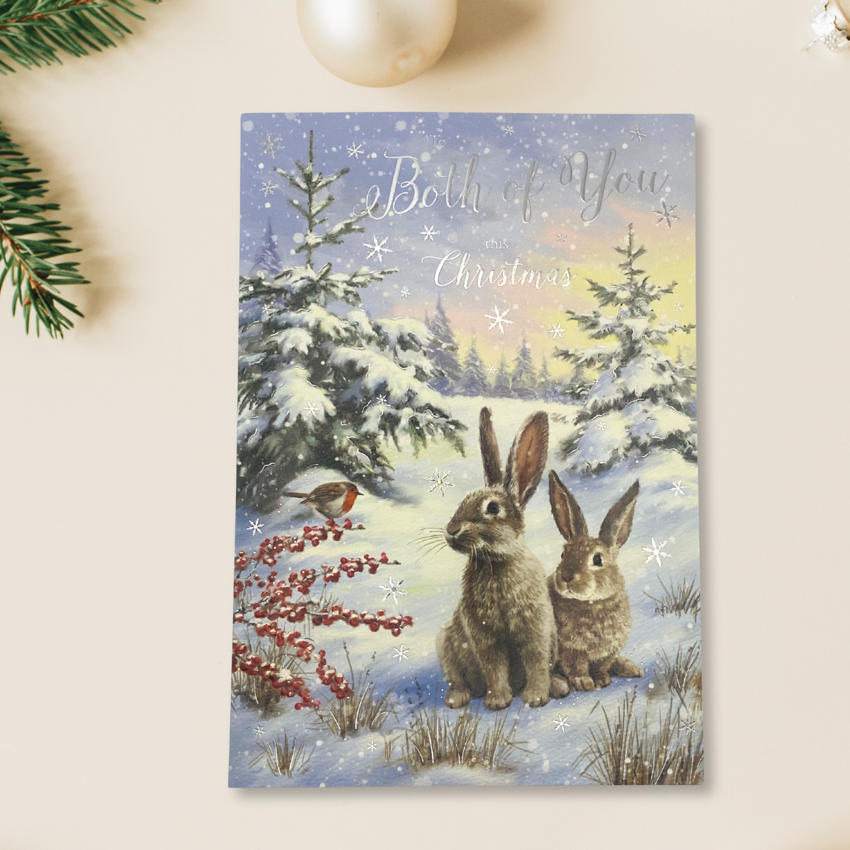 Both Of You Christmas Card - Bunnies & Robin In Snow