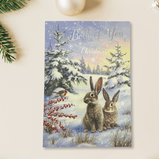 Both Of You Christmas Card - Bunnies & Robin In Snow