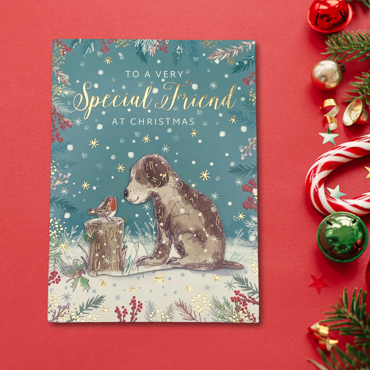 Friend Christmas Card - Decoupage Dog & Robin