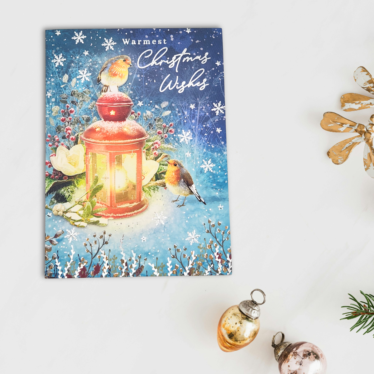 Open Christmas Card - Decoupage Robins & Lantern