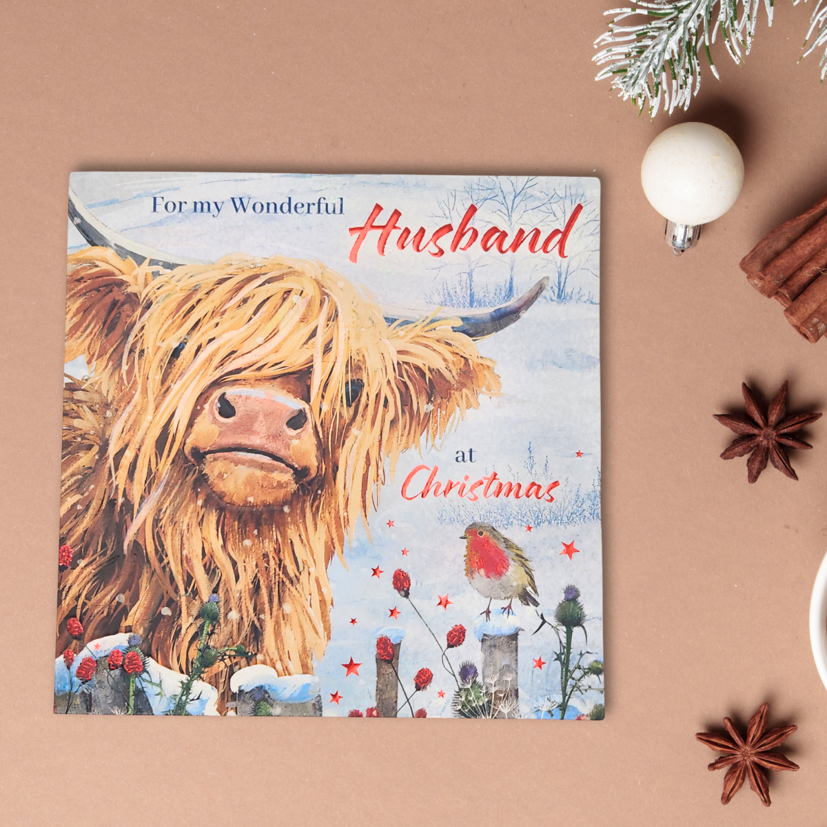 Husband Christmas Card - Highland Cow & Robin