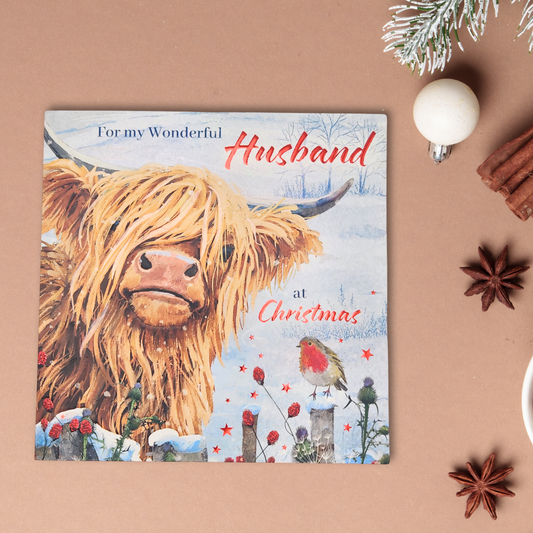 Husband Christmas Card - Highland Cow & Robin