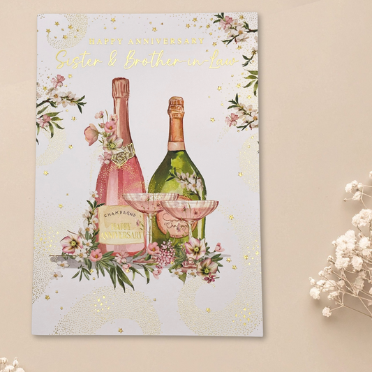 Sister & Brother-In Law Wedding Anniversary Card - Pizazz Champagne Bottles