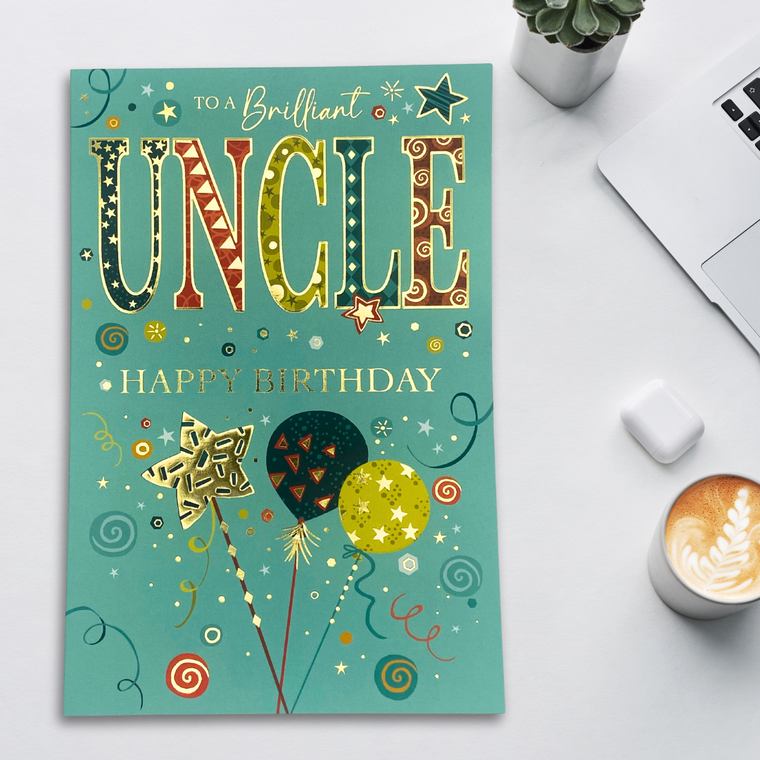 Uncle Birthday Card - Gold Star Balloons & Text
