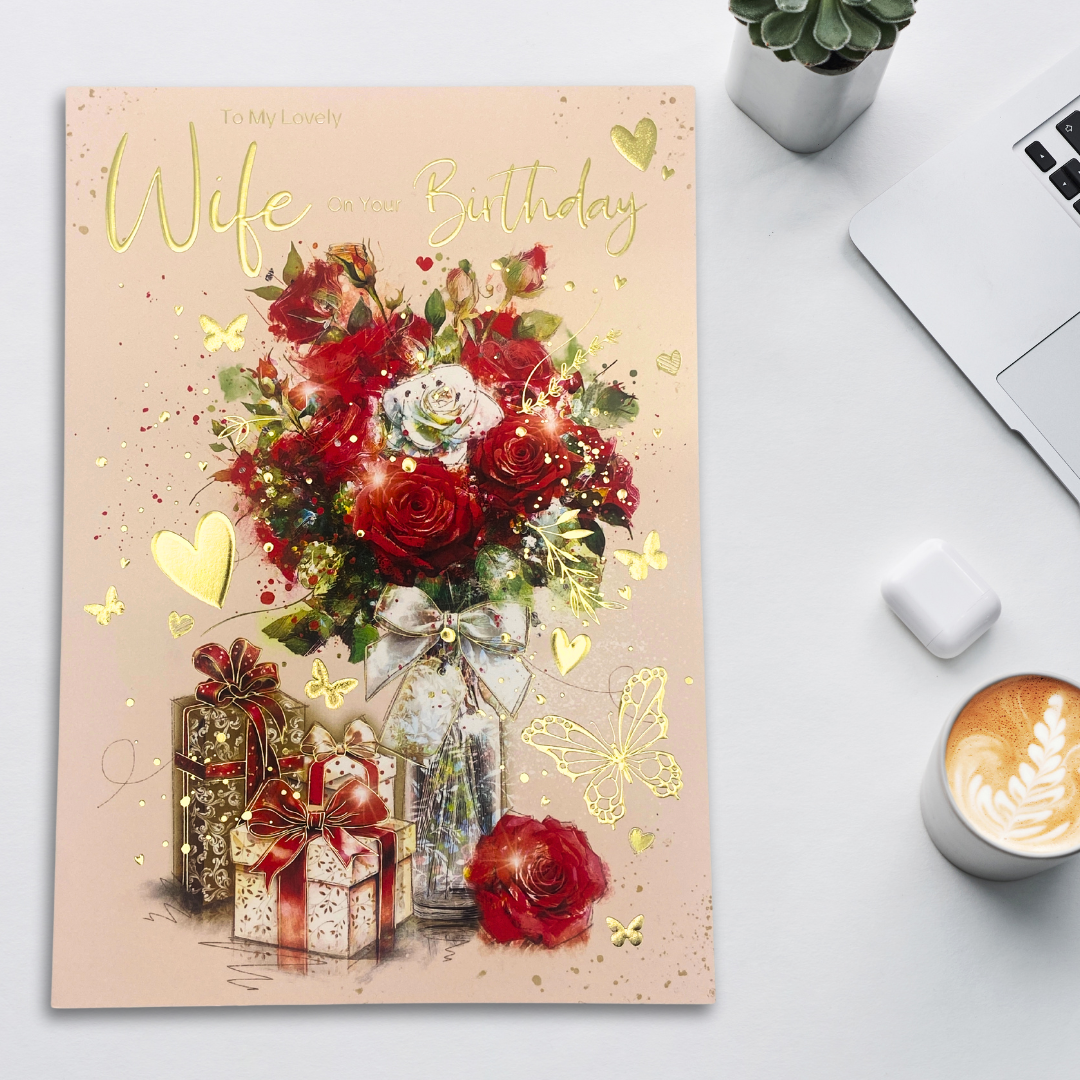 Wife Birthday Card - Large Floral Vase & Gift