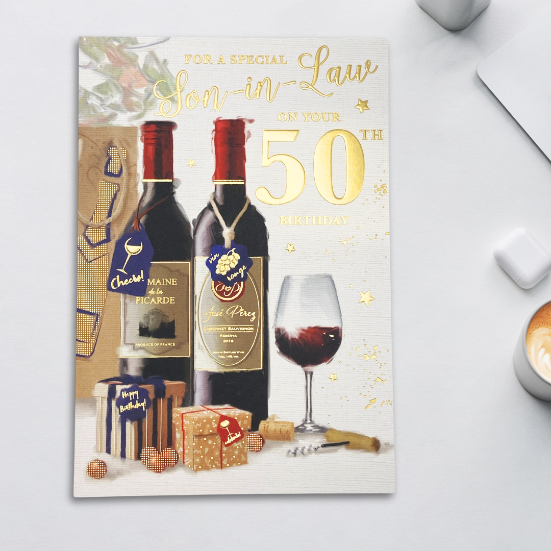 Son-In-Law 50th Birthday Card - Wine & Gifts
