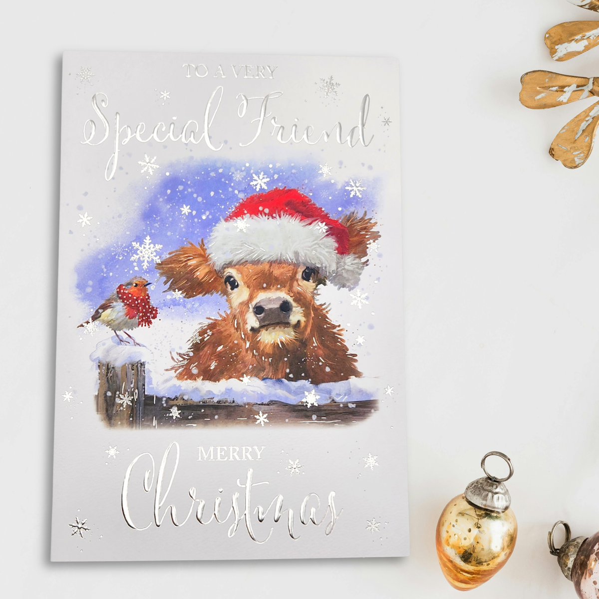Friend Christmas Card - Highland Cow & Robin