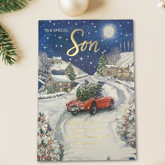 Son Christmas Card - Red Car & Christmas Tree