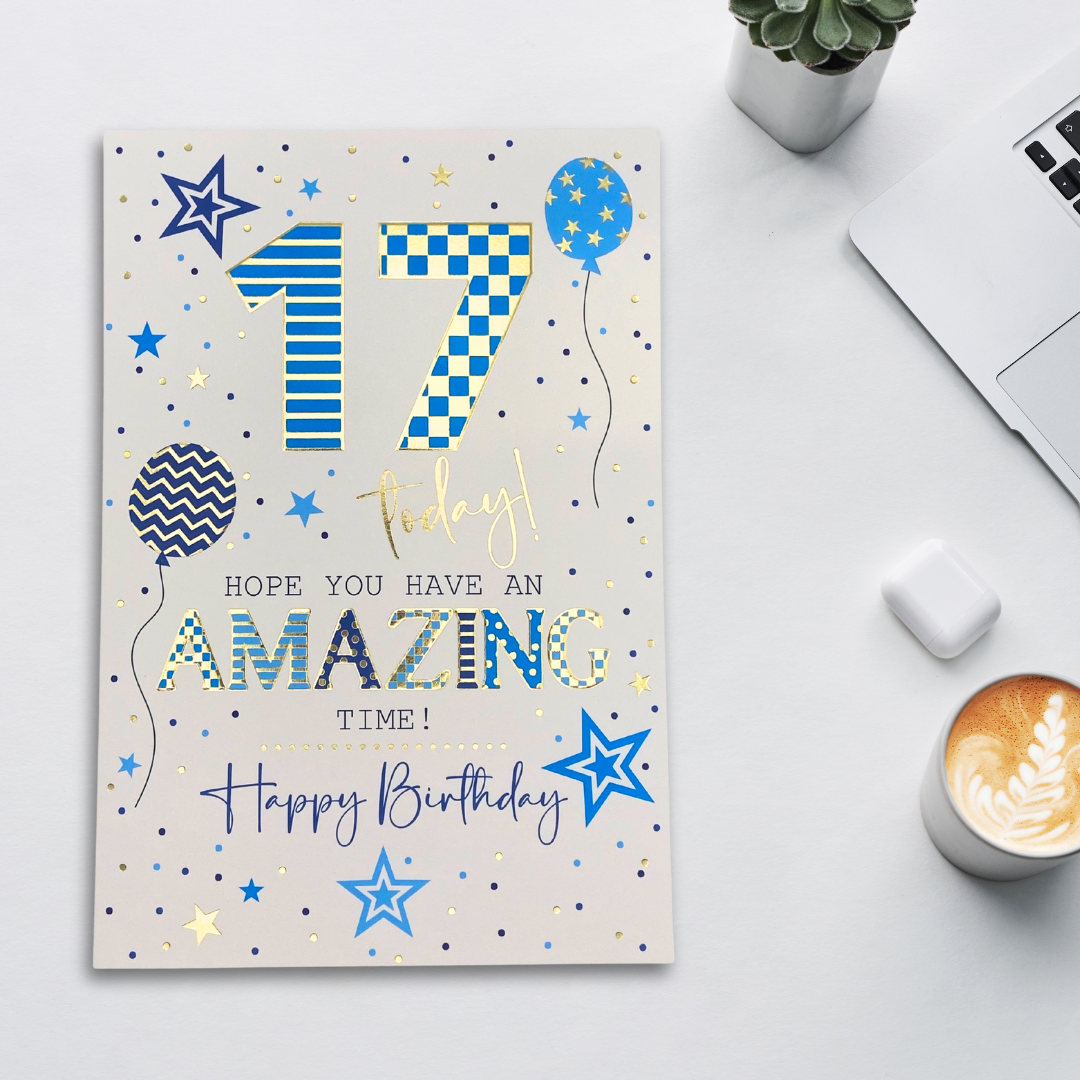 17th Birthday Card - Balloon & Stars