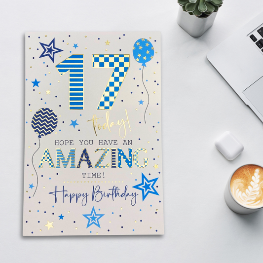 17th Birthday Card - Balloon & Stars