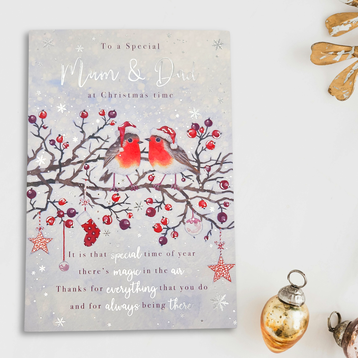 Mum & Dad Christmas Card - Snowy Robins