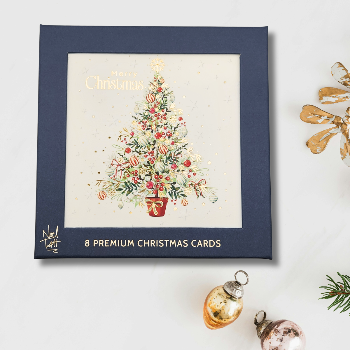 8 x Premium Christmas Cards In Box - Foiled Tree
