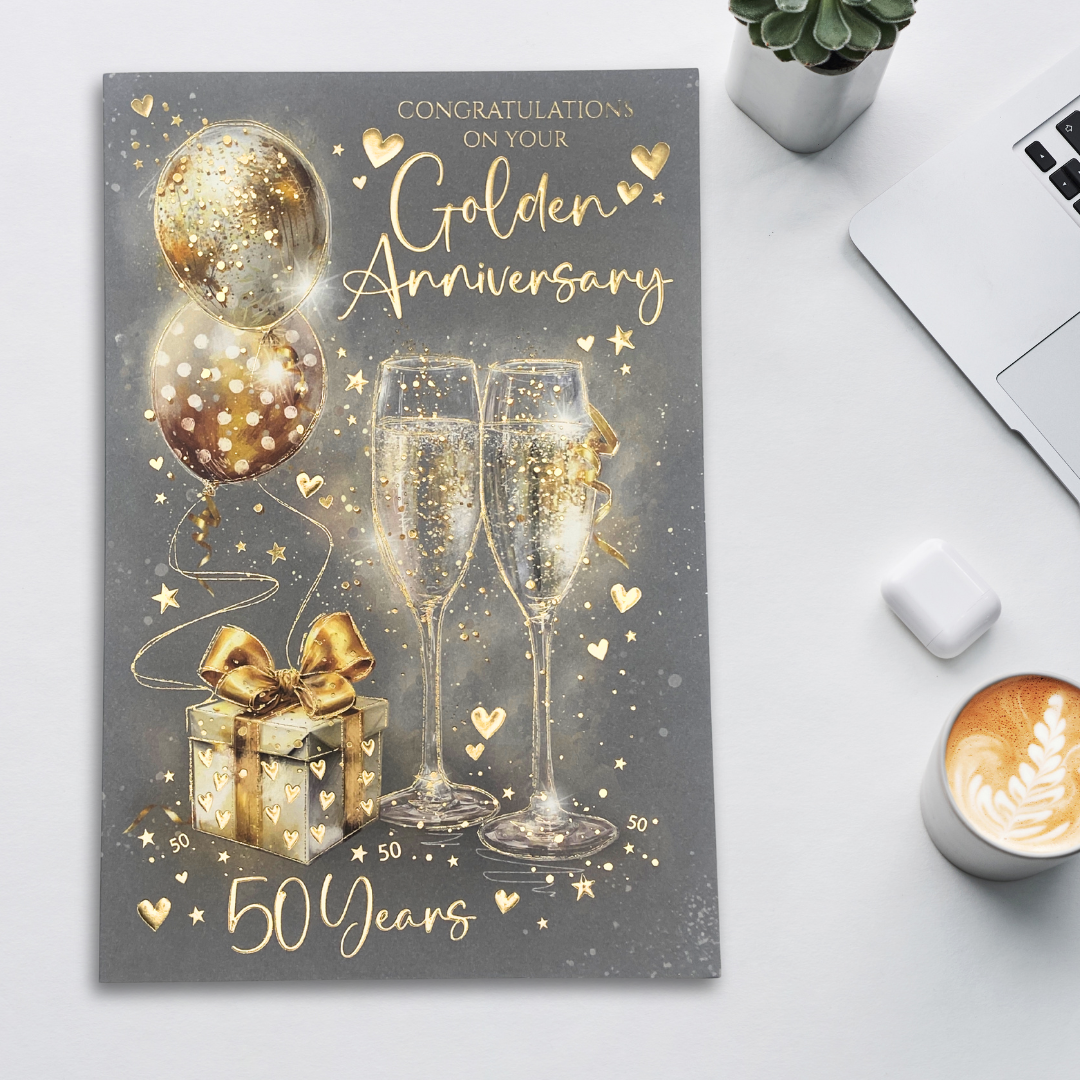 Golden Wedding Anniversary Card - 50th Grace Champagne Flutes