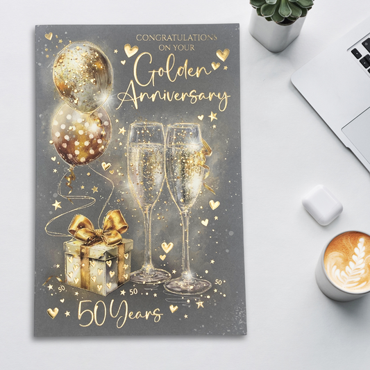 Golden Wedding Anniversary Card - 50th Grace Champagne Flutes