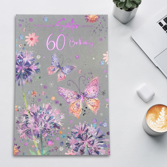 Sister 60th Birthday Card - Grace Flowers & Butterflies