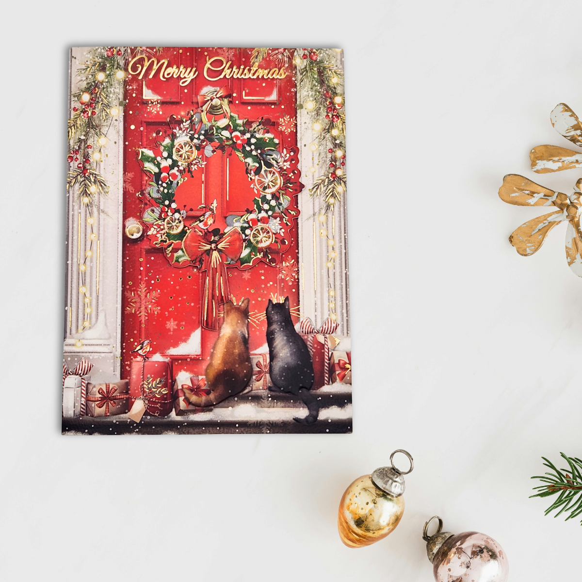 Open Christmas Card - Decoupage Cats At The Front Door