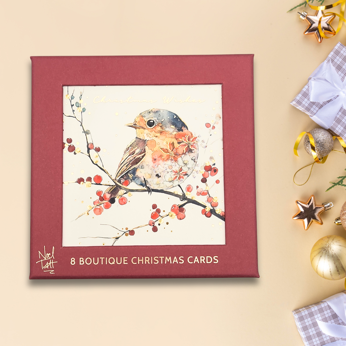 8 x Christmas Cards In Box - Robin & Berry Branch