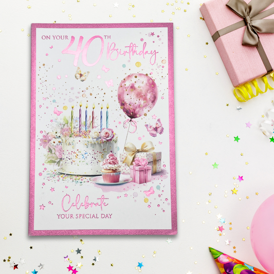 40th Birthday Card - Birthday Bliss Cake & Balloon