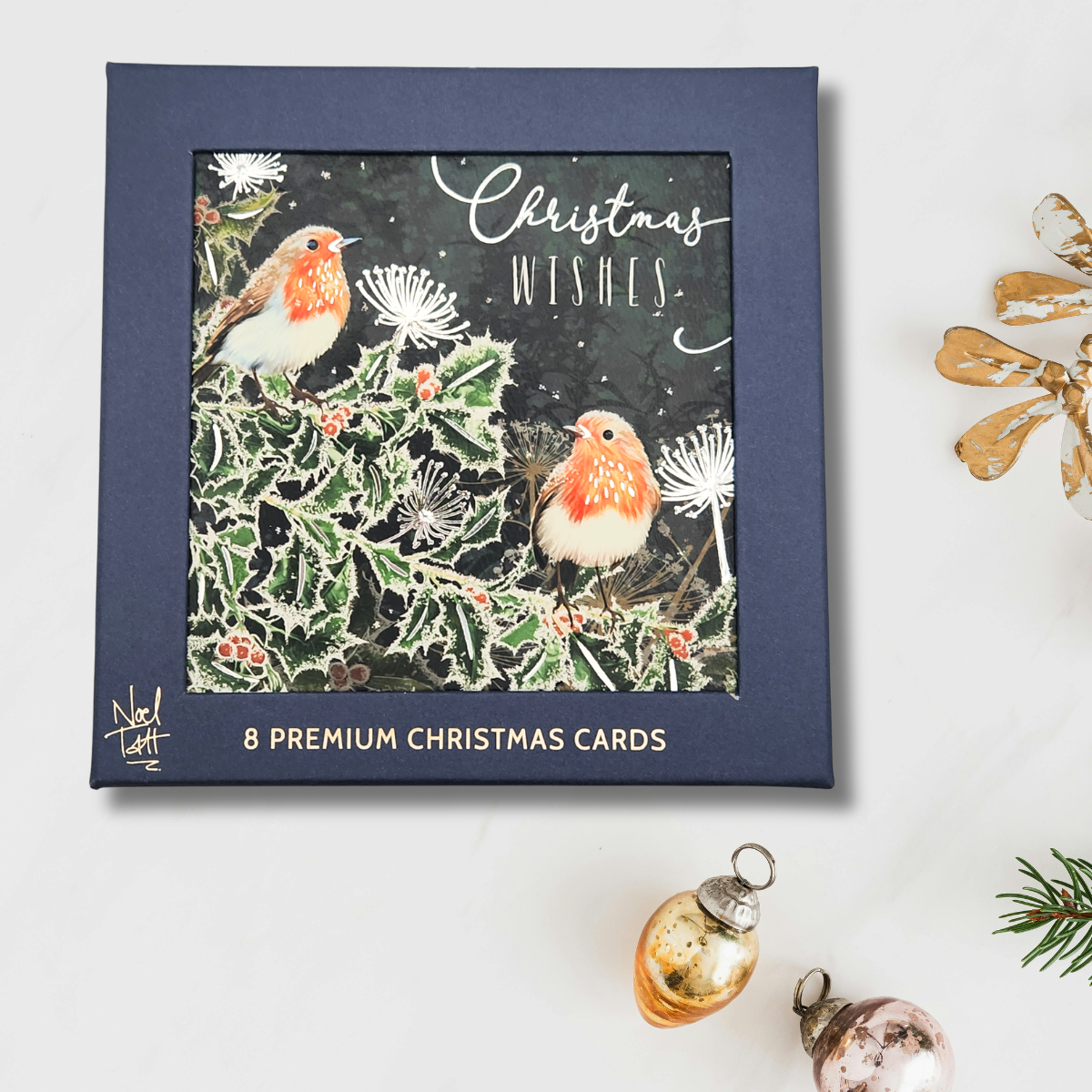 8 x Premium Christmas Cards In Box - Robin Wishes