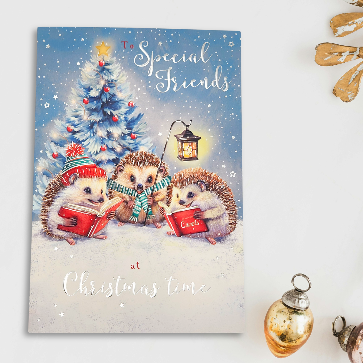 Friends Christmas Card - Hedgehogs Carol Singing