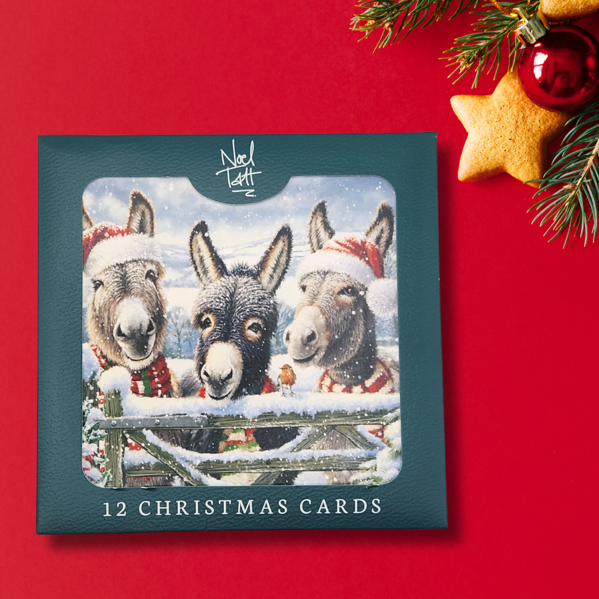 12 x Christmas Cards In Box - Three Snowy Donkeys