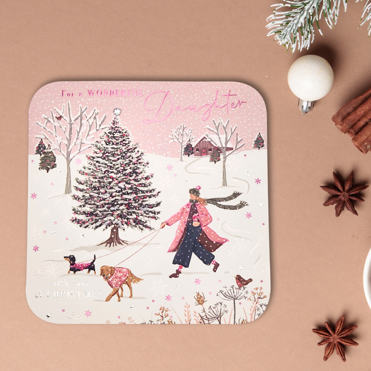 Daughter Christmas Card - Lady Walking The Dogs
