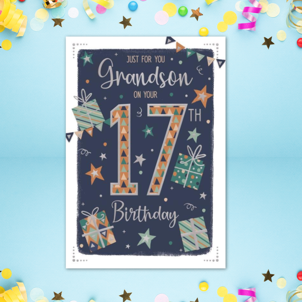 Grandson 17th Birthday Card - Present & Stars