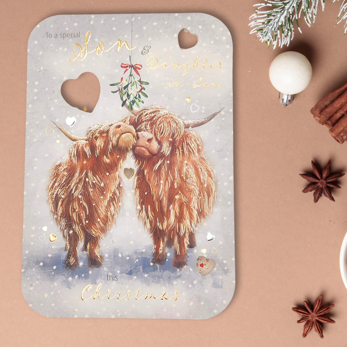 Son & Daughter In Law Christmas Card - Snowy Highland Cows