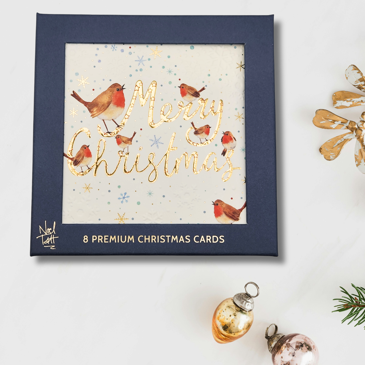 8 x Premium Christmas Cards In Box - Merry Christmas Robins