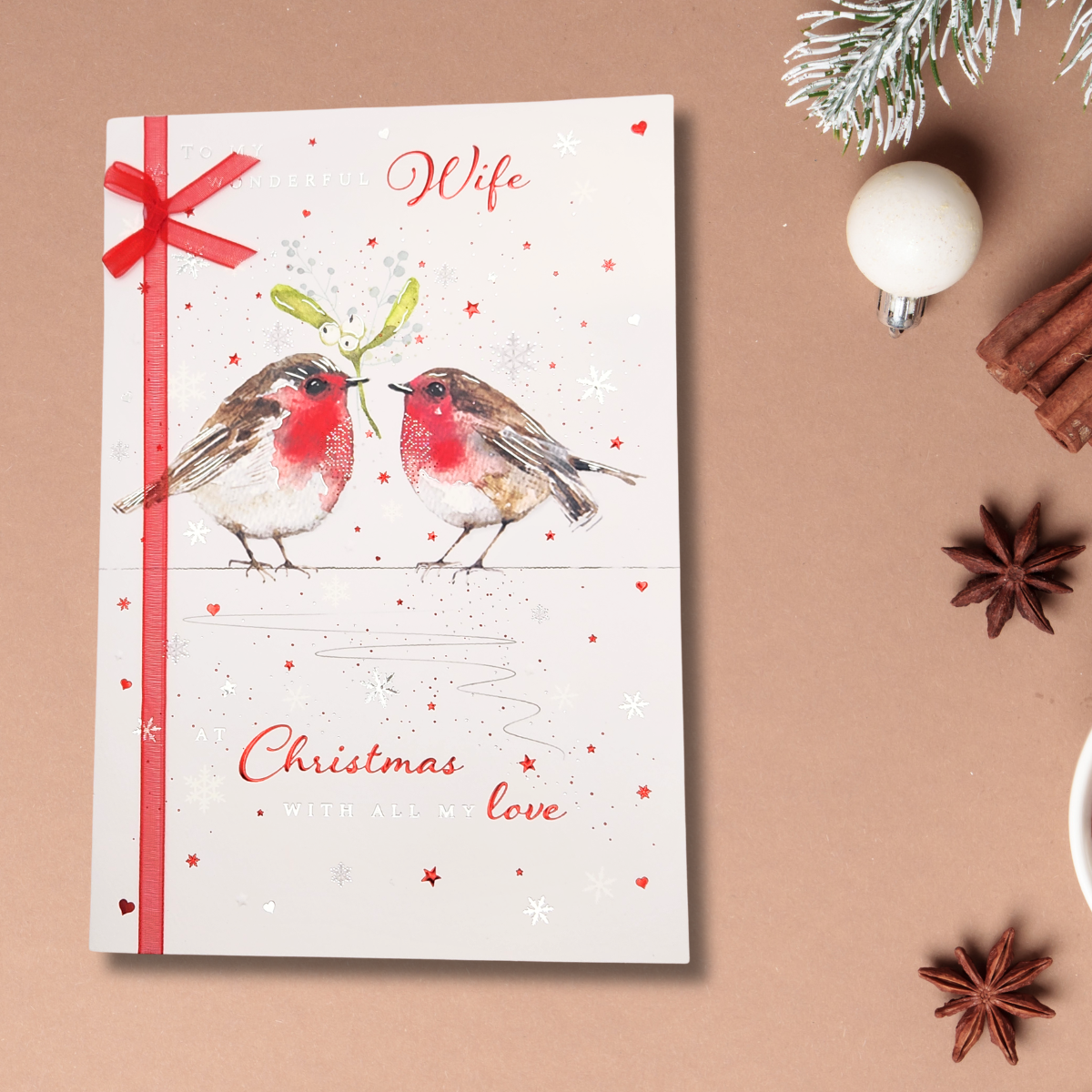 Wife Christmas Card - Red Robins & Mistletoe