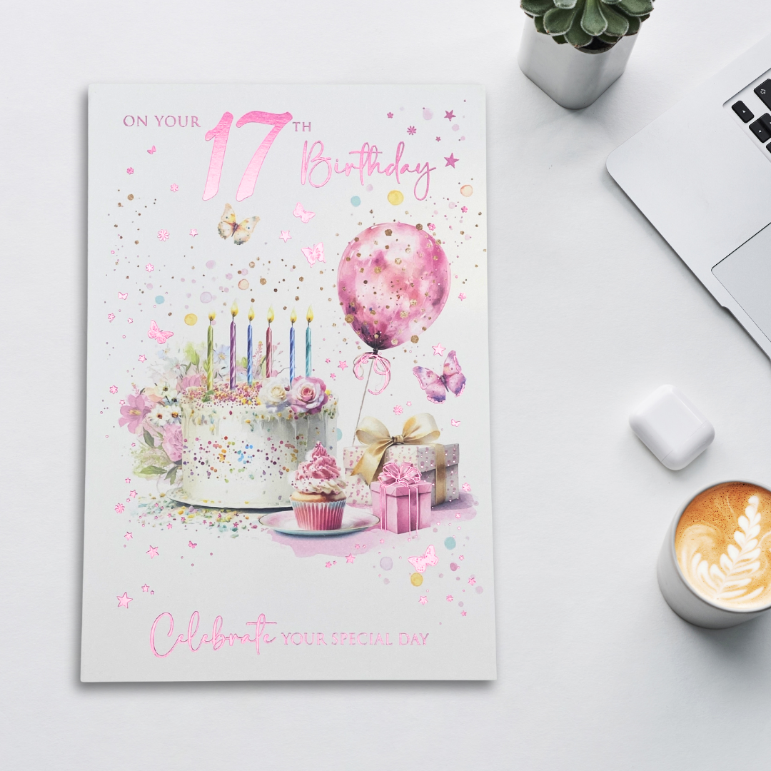 17th Birthday Card - Cake & Balloons