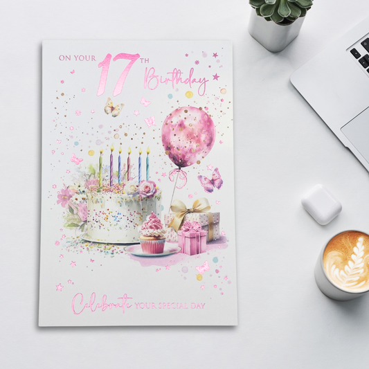 17th Birthday Card - Cake & Balloons