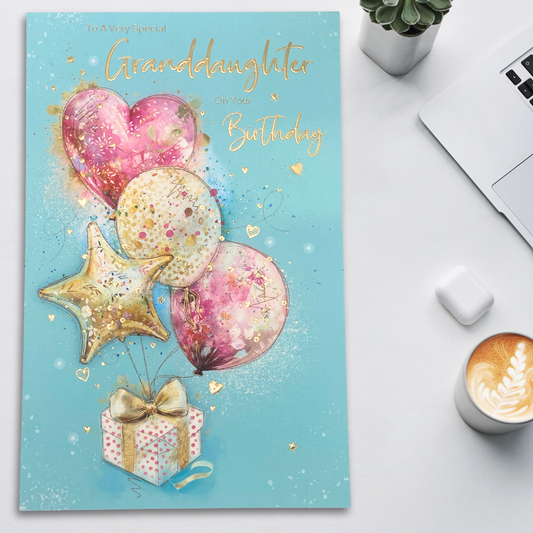 Granddaughter Birthday Card - Present & Balloons