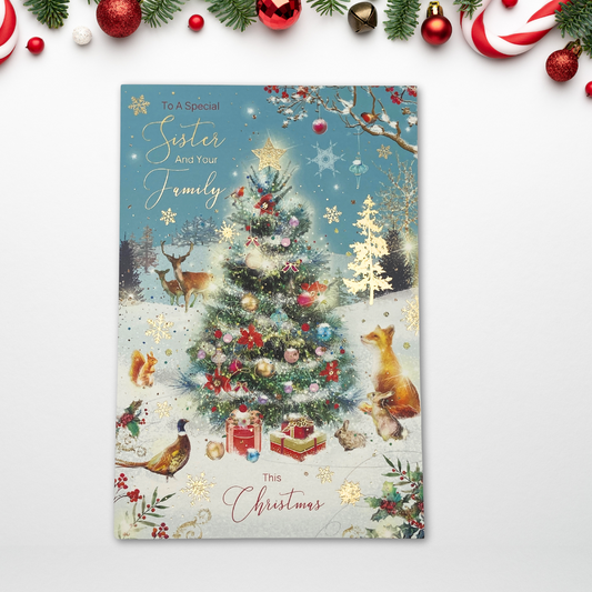 Sister & Family Christmas Card - Grace Woodland Christmas Tree