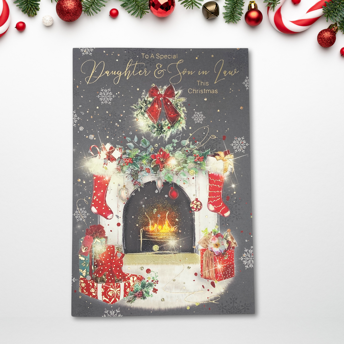 Daughter & Son-In-Law Christmas Card - Grace Fireplace & Stockings