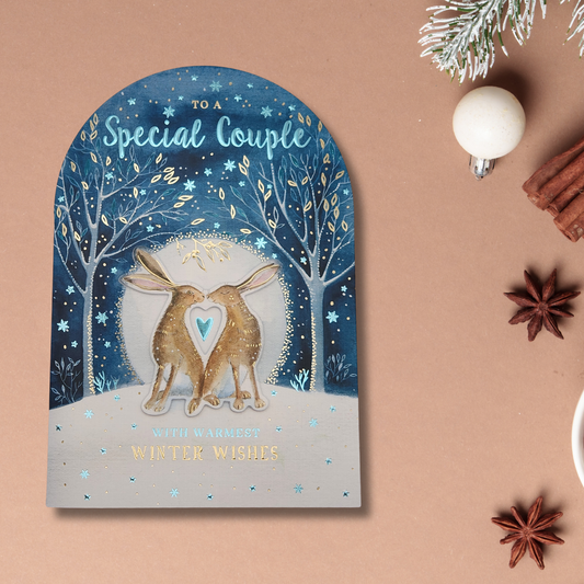 Special Couple Christmas Card - Cute Hares In The Snow