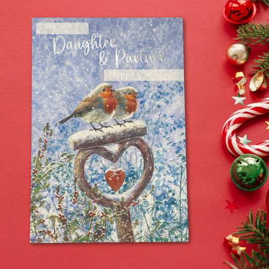 Daughter & Partner Christmas Card - Robins & Heart In Snow