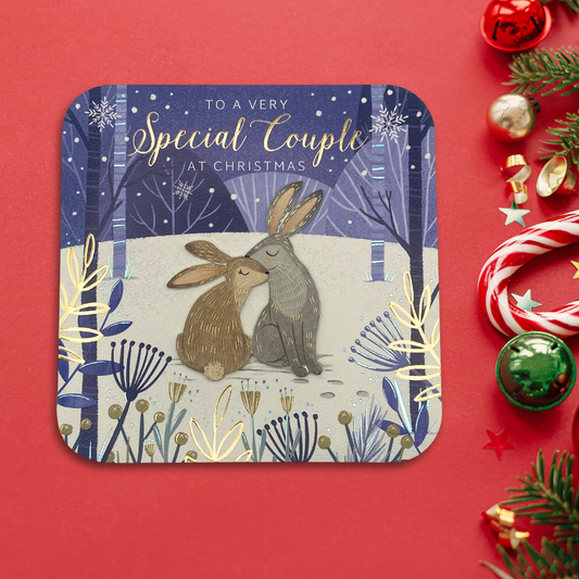 Special Couple Christmas Card - Decoupage Bunnies In Snow