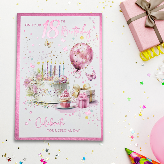 18th Birthday Card - Birthday Bliss Cake & Balloons