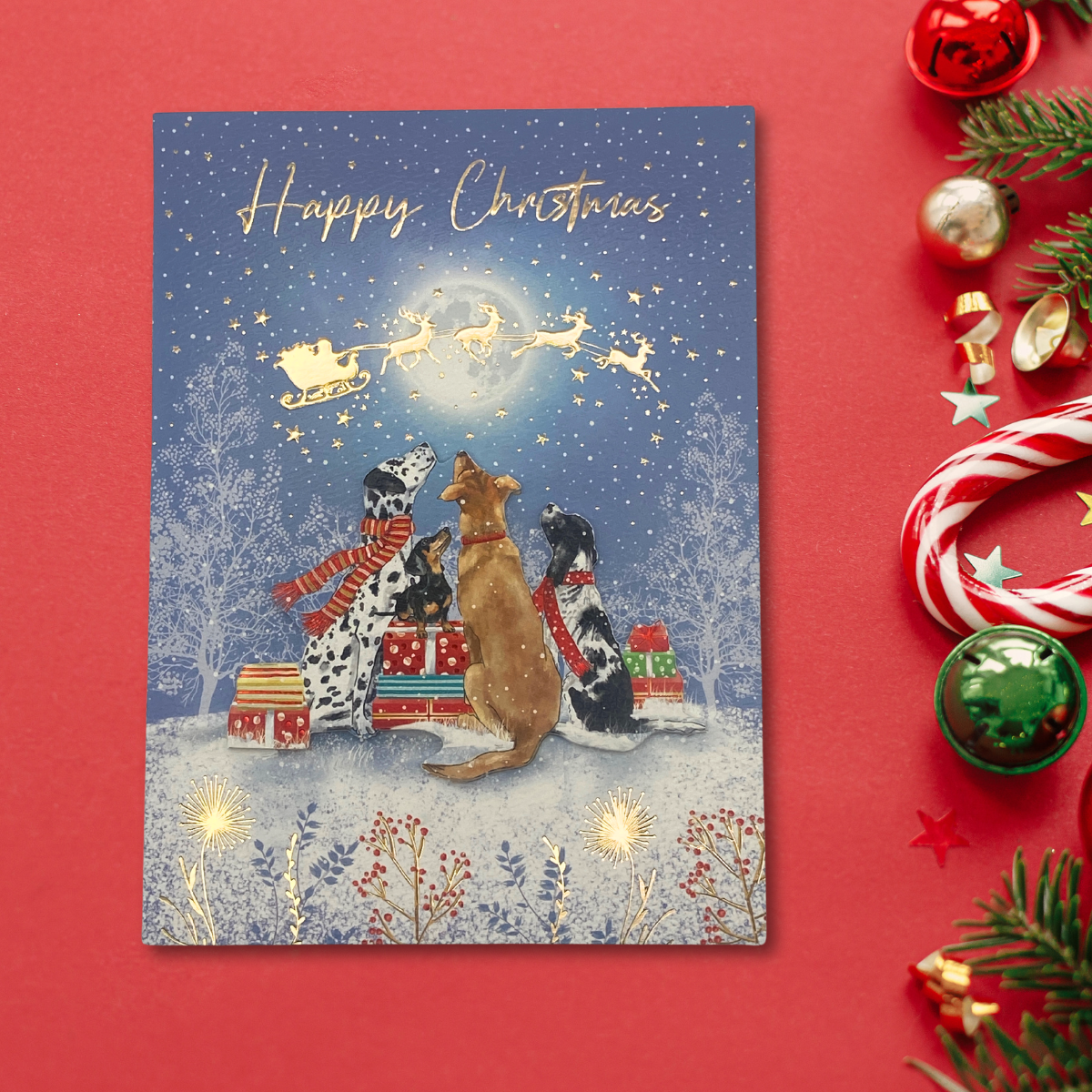 Open Christmas Card - Decoupage Dogs Watching Santa